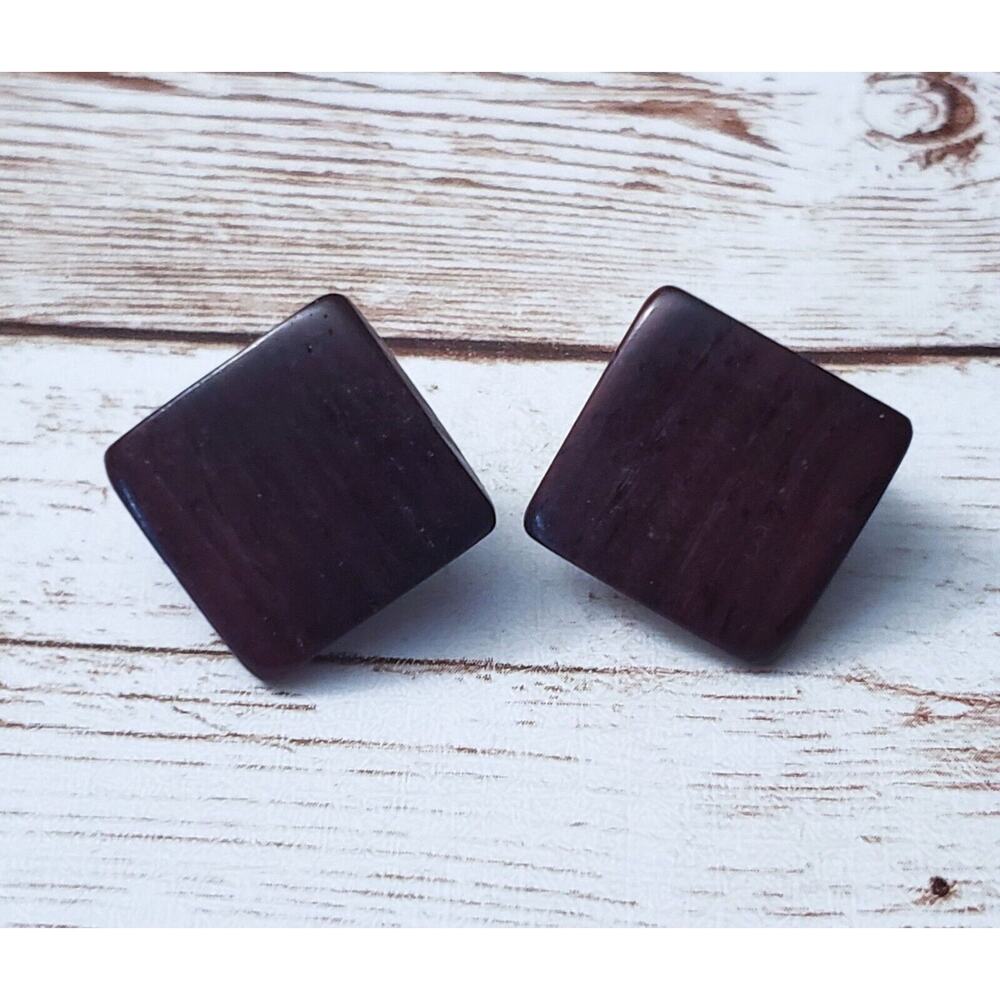 Vintage Clip On Earrings - Dark Brown Wooden Diamond Shape Just Under 1"